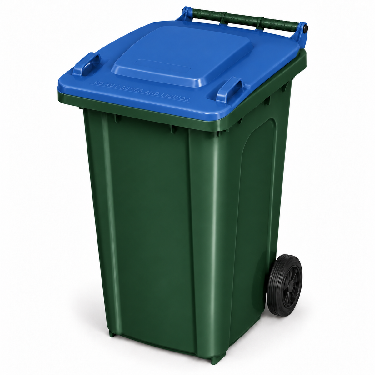 240L wheelie bin, Dark Green bin with Blue lid