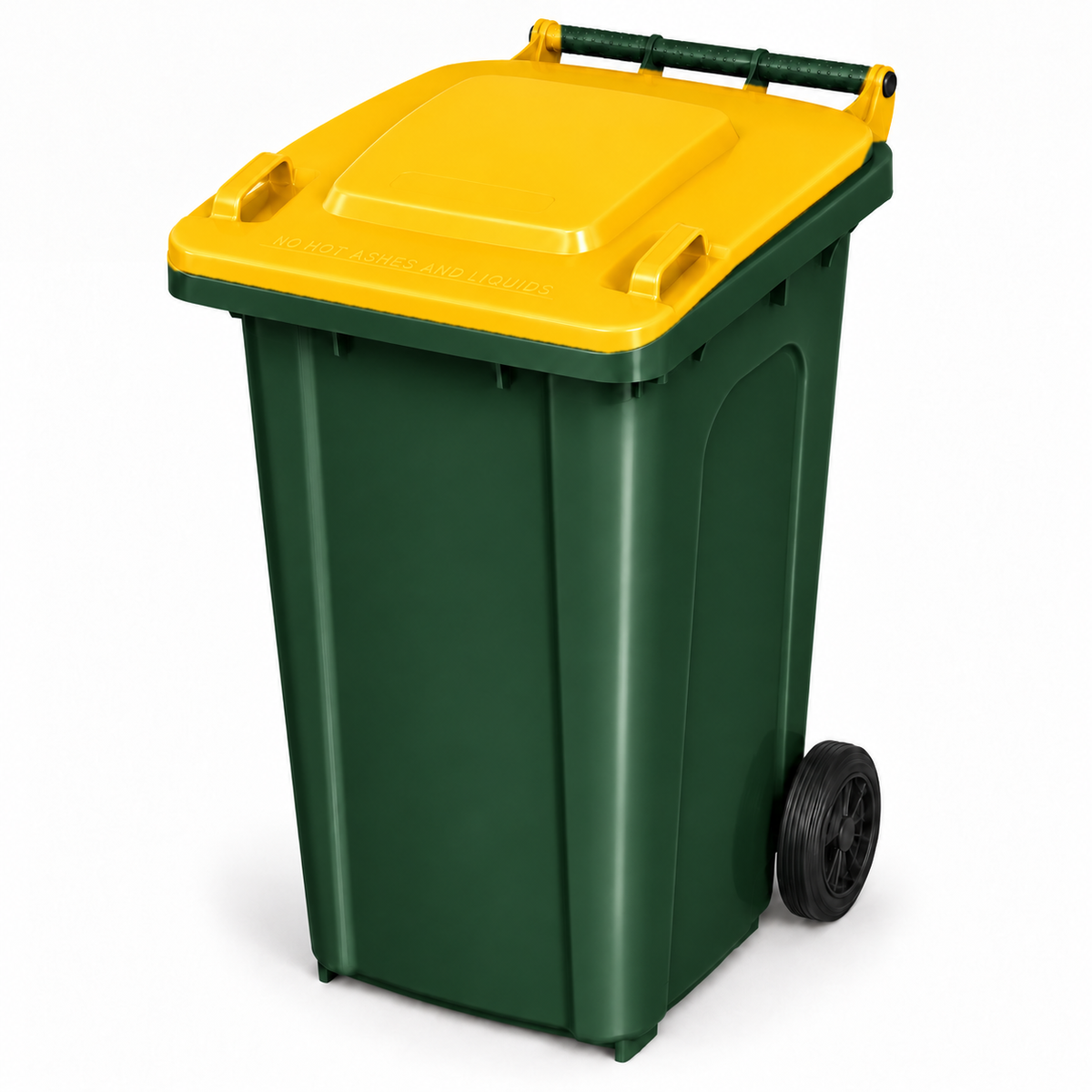 240L wheelie bin, Dark Green bin with Yellow lid
