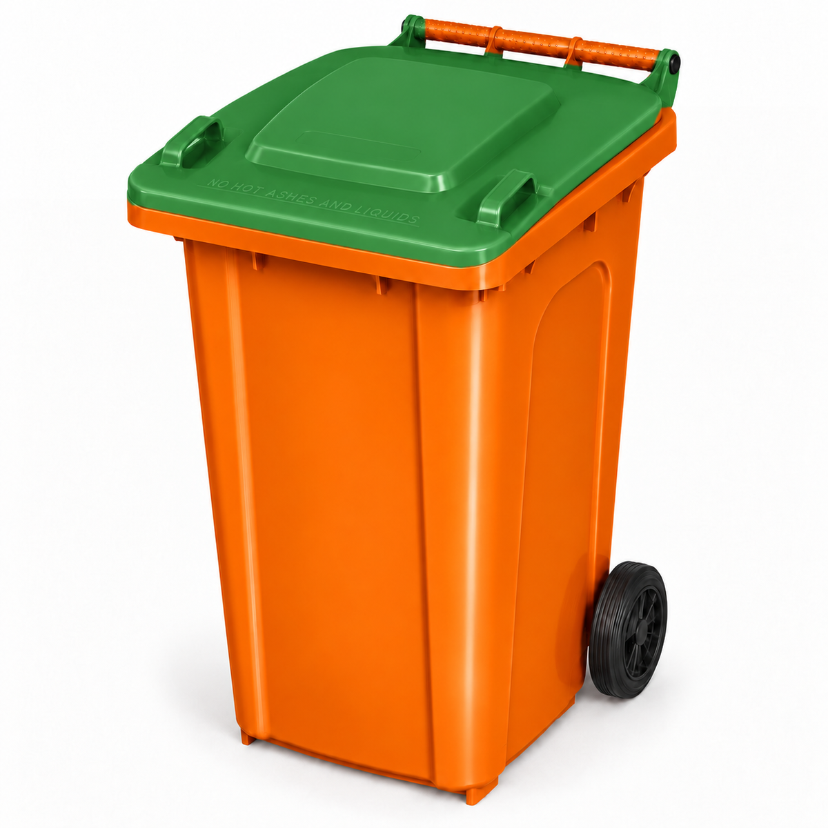 240L wheelie bin, Orange bin with Green lid